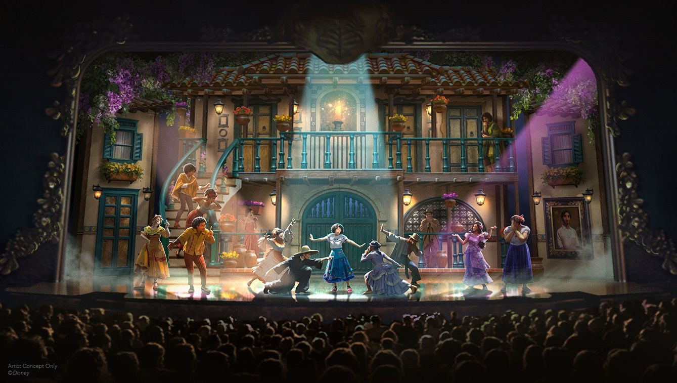 Artist concept of the Disney Encanto stage show with Mirabel and the Madrigal family in front of Casita