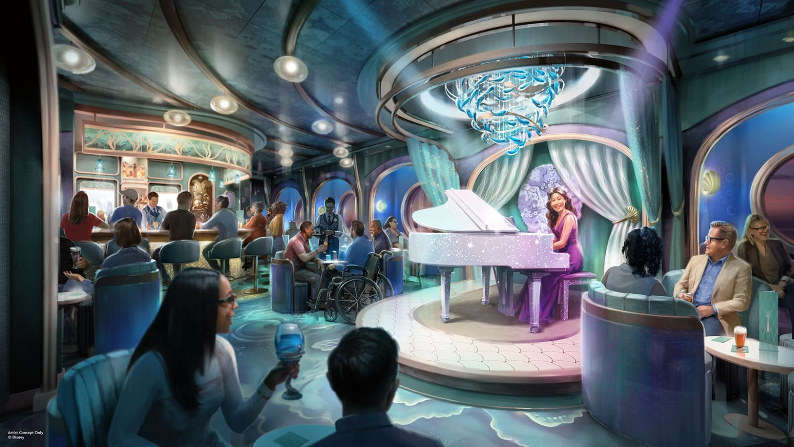 Artist concept of Sea Notes, an iridescent piano lounge inspired by Ariel's grotto