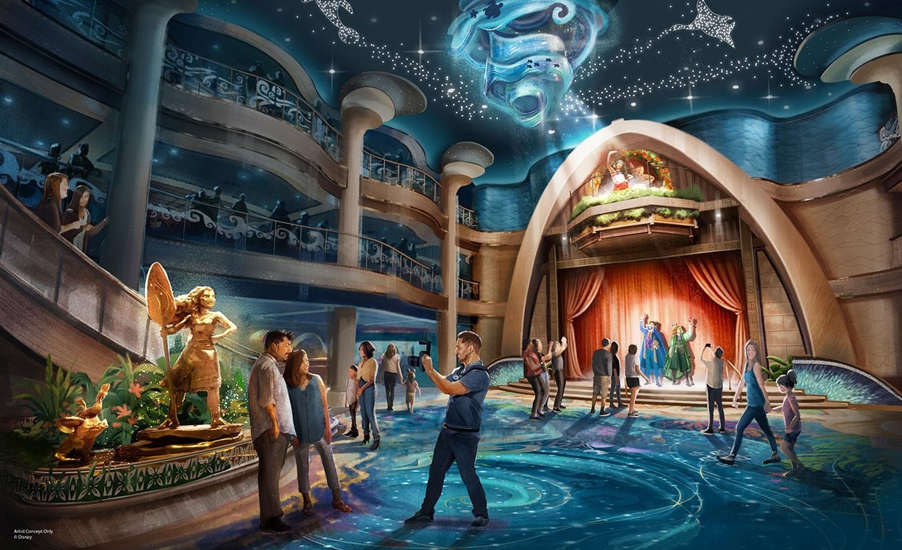 Artist concept of the Disney Believe Grand Hall with a golden Moana statue, ocean-inspired carpet, and flowing chandelier