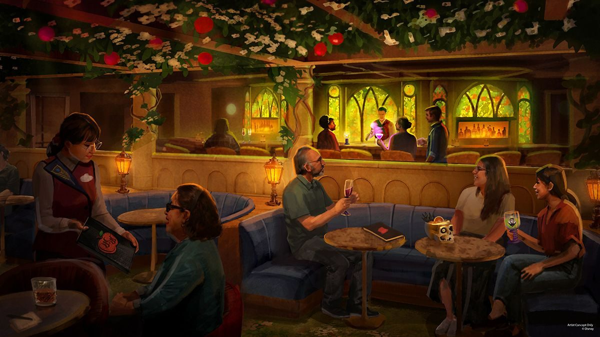 Artist concept of Wishing Well, a Snow White-inspired lounge with blossoms, apples, and a stained-glass bar. © Disney