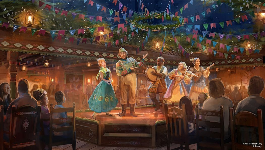 Artist concept of Oaken's Table with Anna, Oaken, and his family band performing for diners
